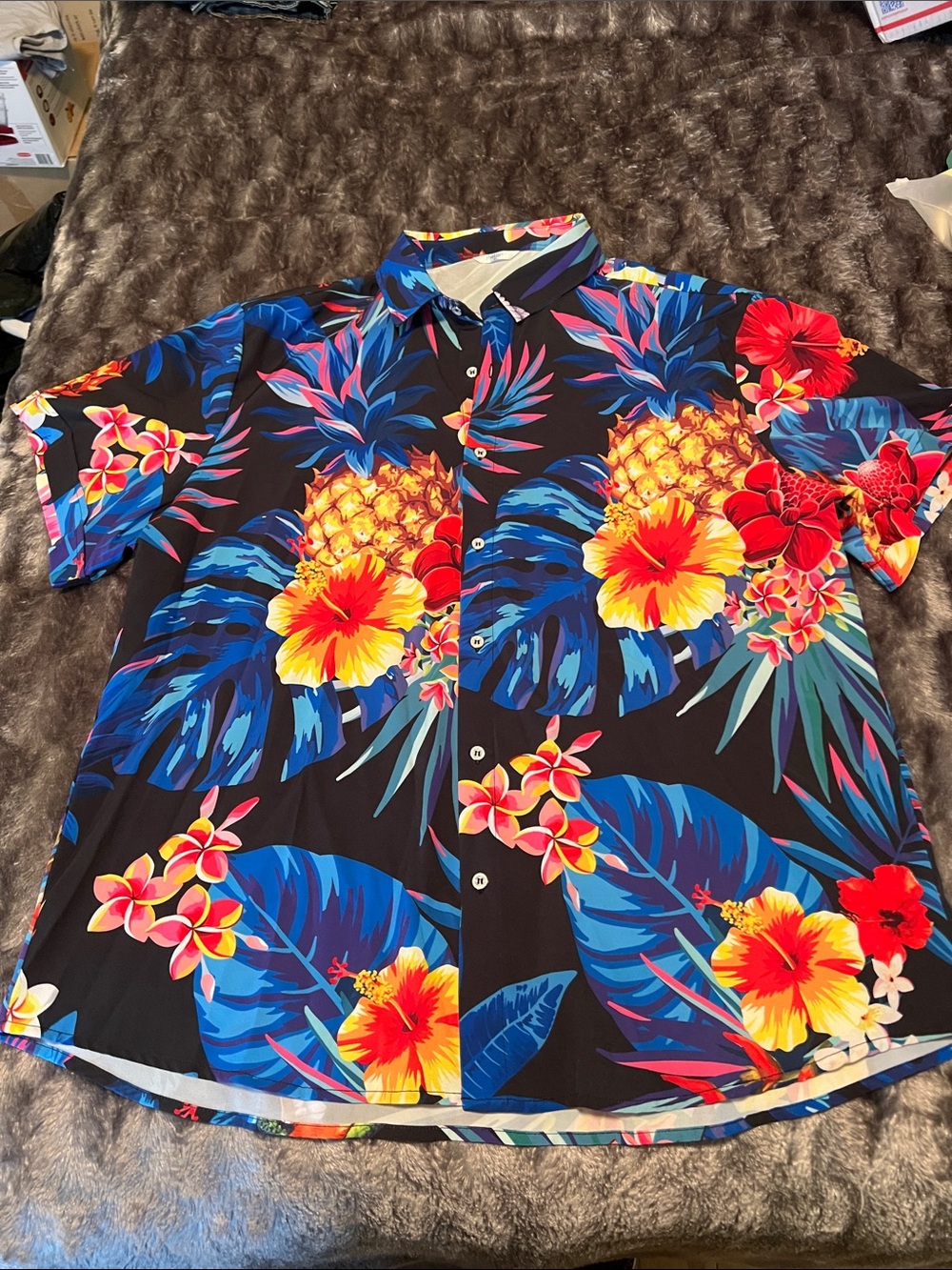 Men's Black Tropical Floral Short-Sleeve button down Shirt, XL